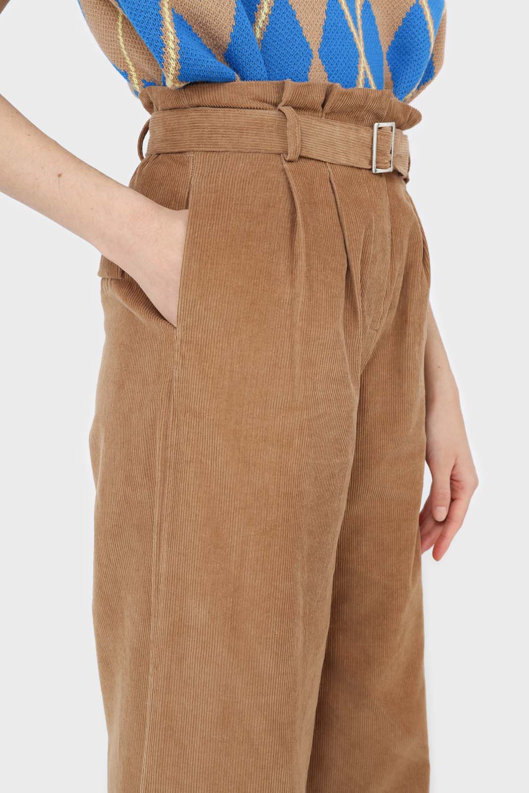 Beige micro corduroy belted loose fit trousers