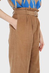 Beige micro corduroy belted loose fit trousers