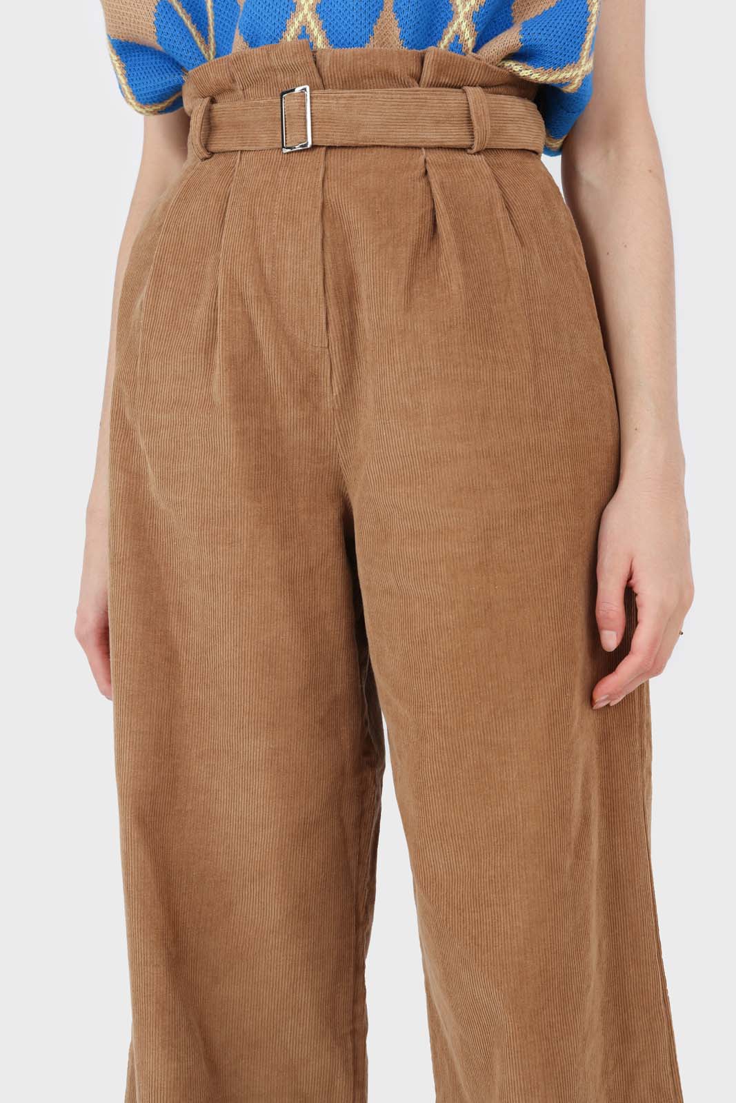 Beige micro corduroy belted loose fit trousers