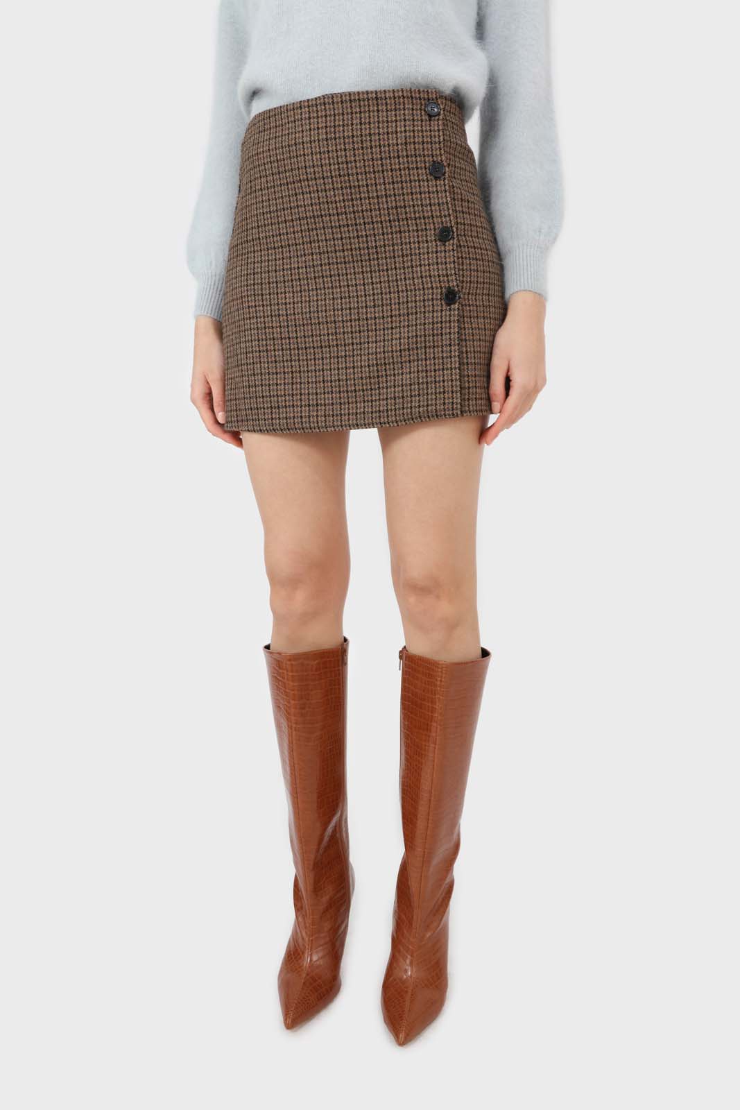Beige checked button up wrap mini skirt