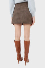 Beige checked button up wrap mini skirt