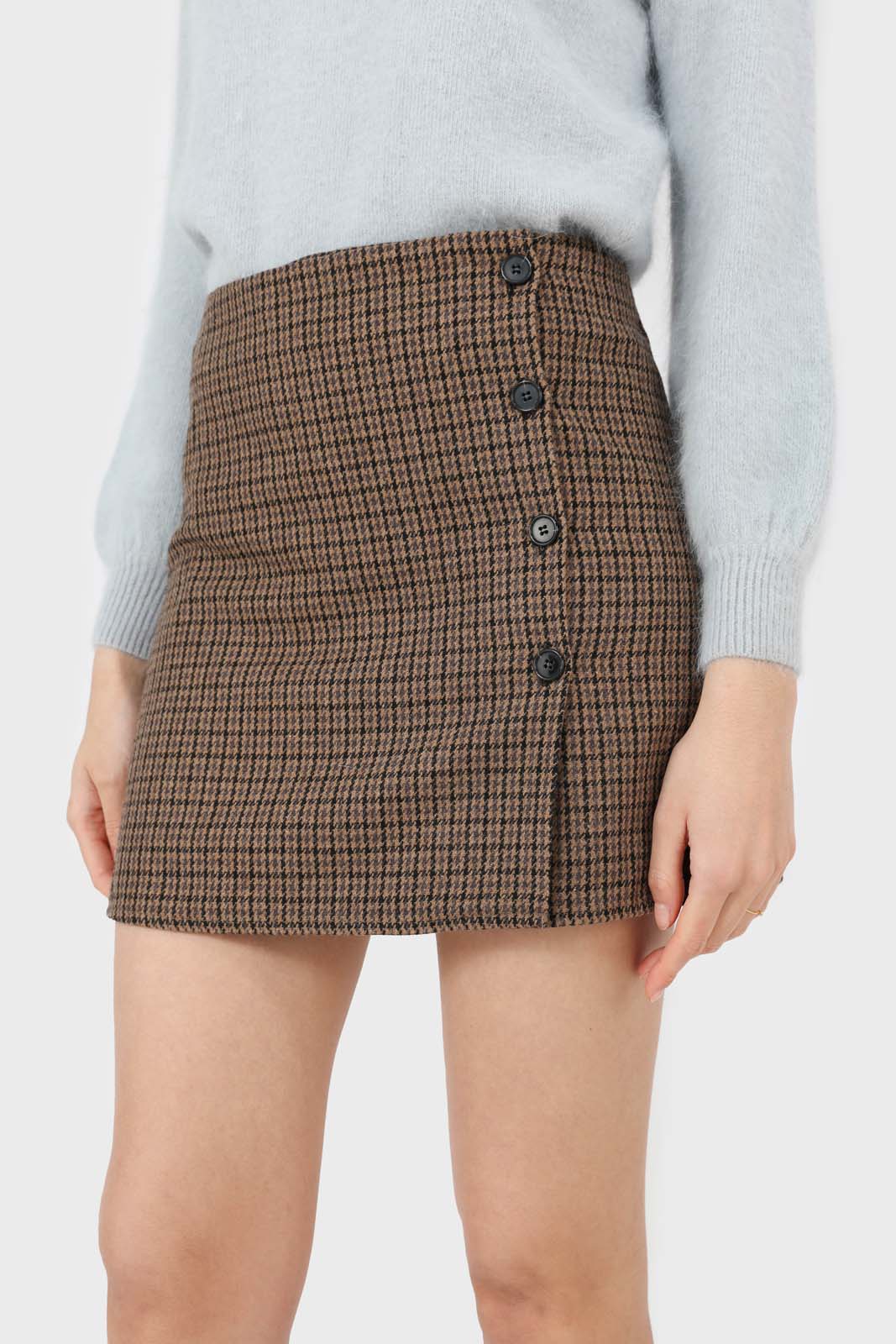 Beige checked button up wrap mini skirt