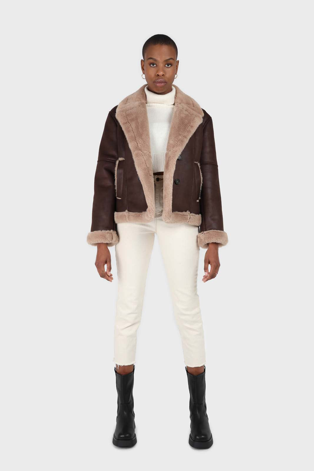 Brown and beige faux fur biker jacket