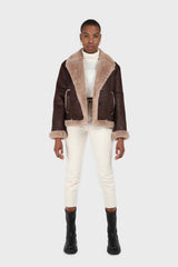 Brown and beige faux fur biker jacket