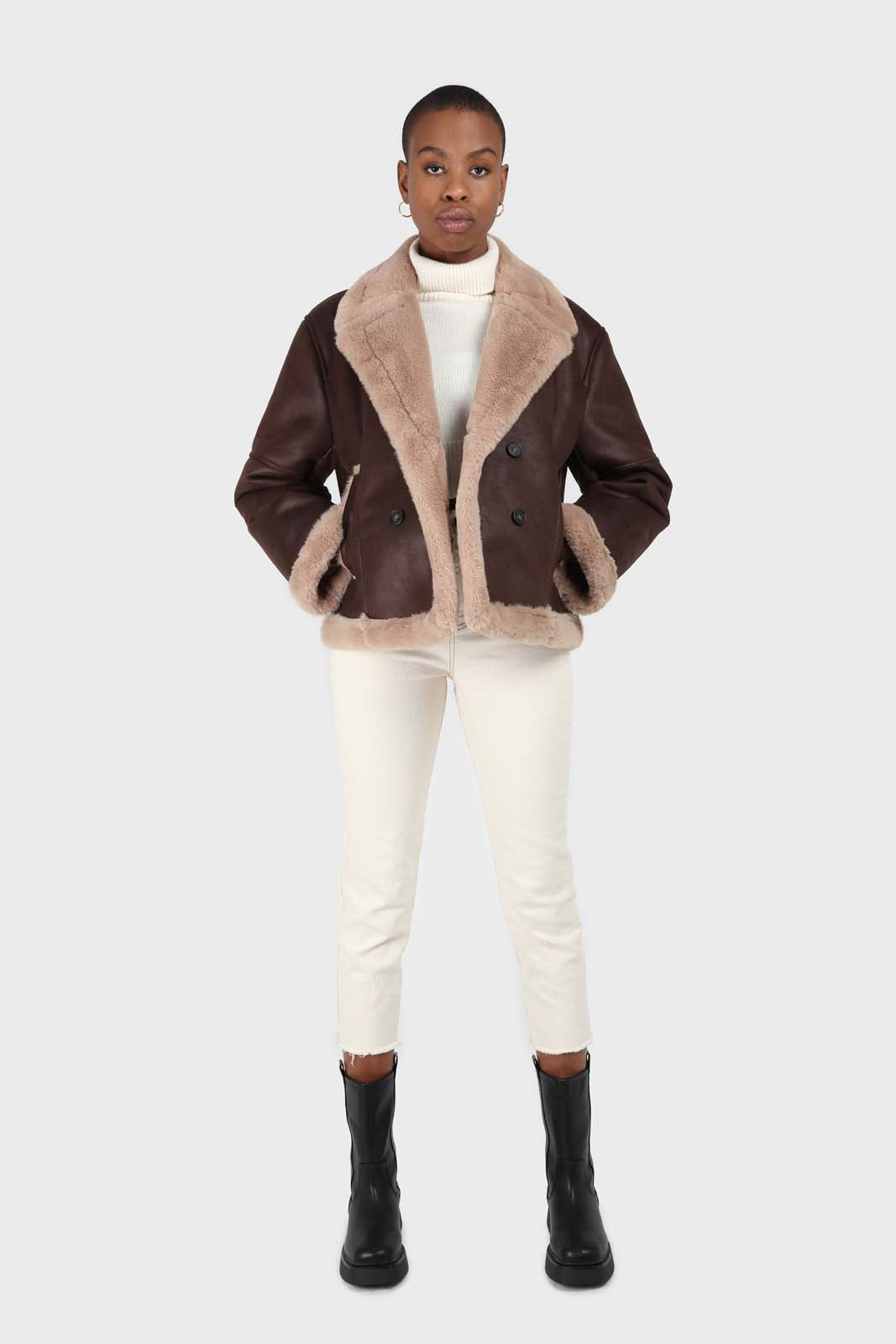 Brown and beige faux fur biker jacket