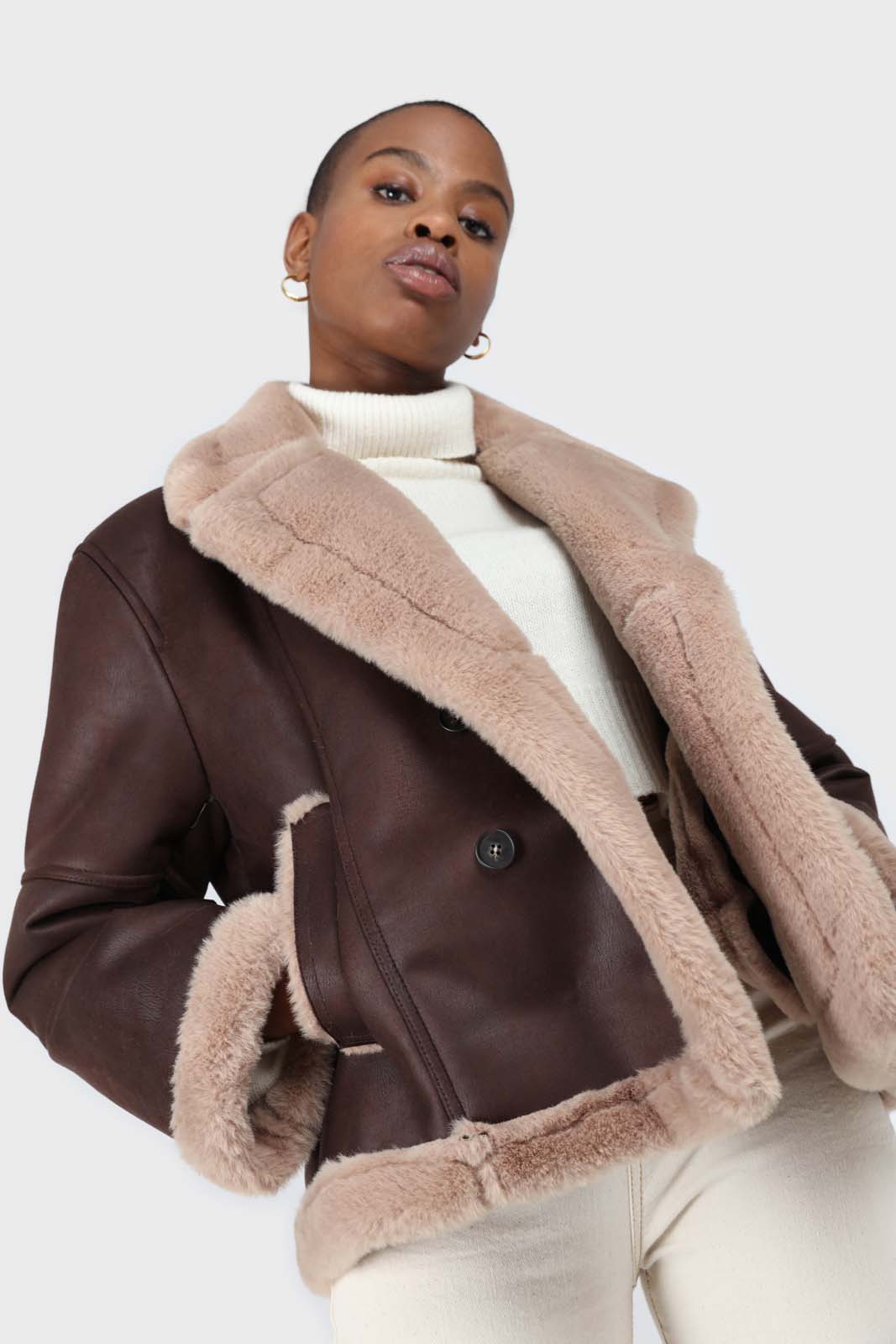Brown and beige faux fur biker jacket