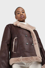 Brown and beige faux fur biker jacket