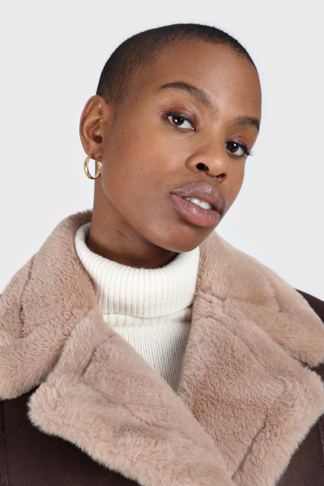 Brown and beige faux fur biker jacket