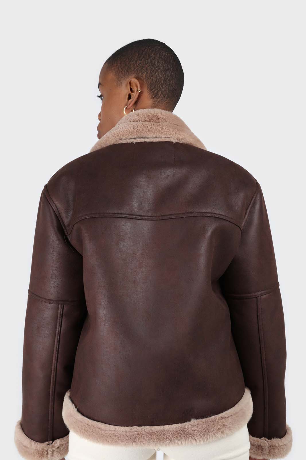 Brown and beige faux fur biker jacket