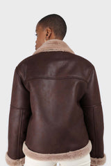 Brown and beige faux fur biker jacket