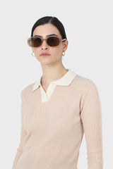 Beige and white contrast collar knit top