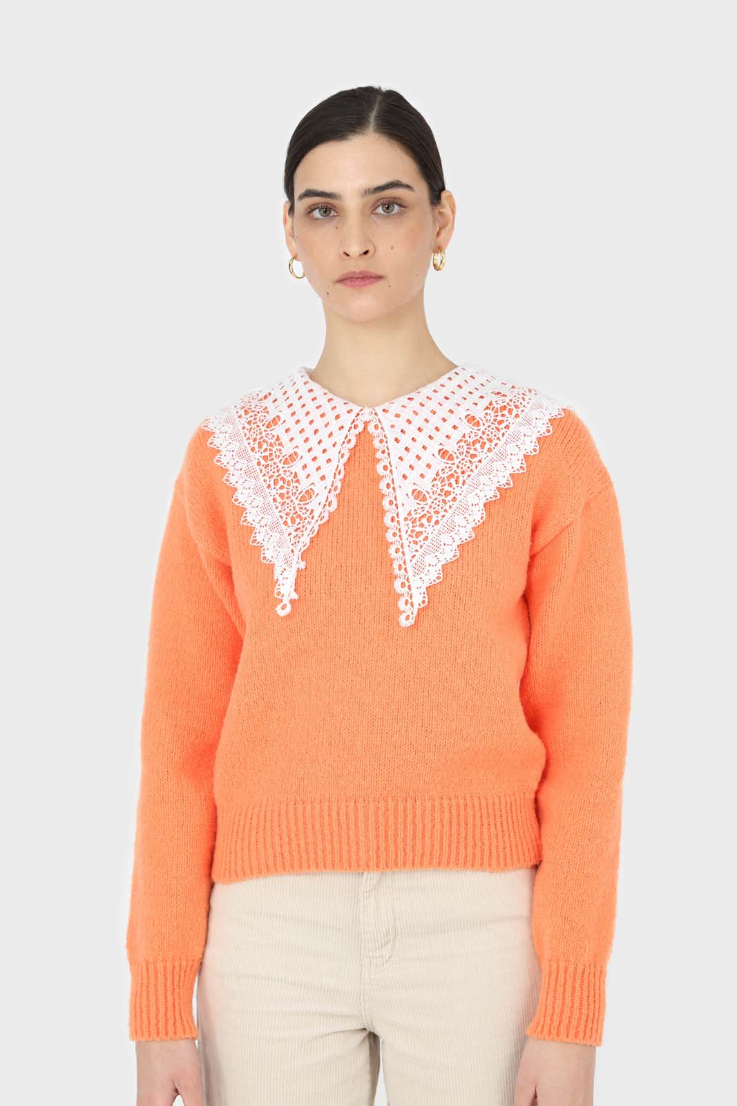Orange large lace collar knit top