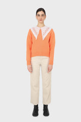 Orange large lace collar knit top