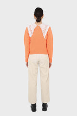 Orange large lace collar knit top