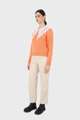 Orange large lace collar knit top