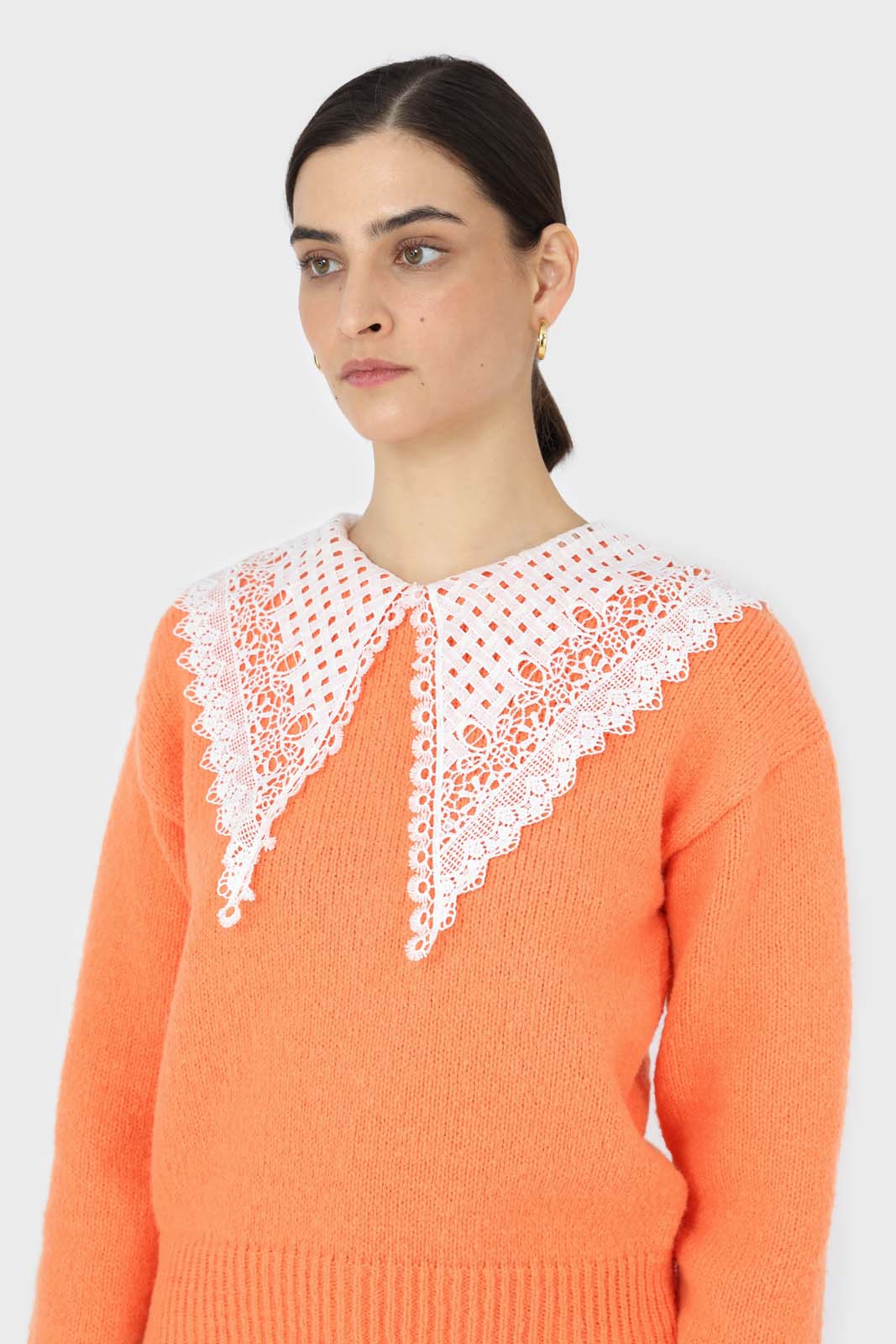 Orange large lace collar knit top