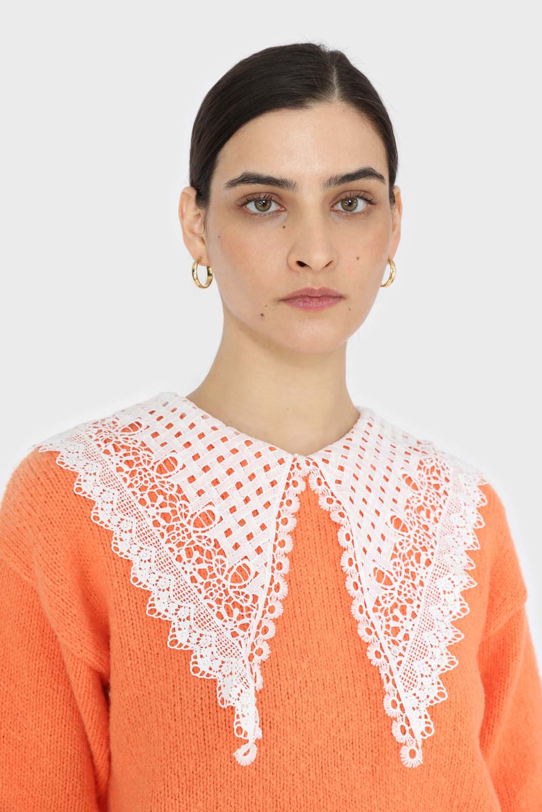 Orange large lace collar knit top
