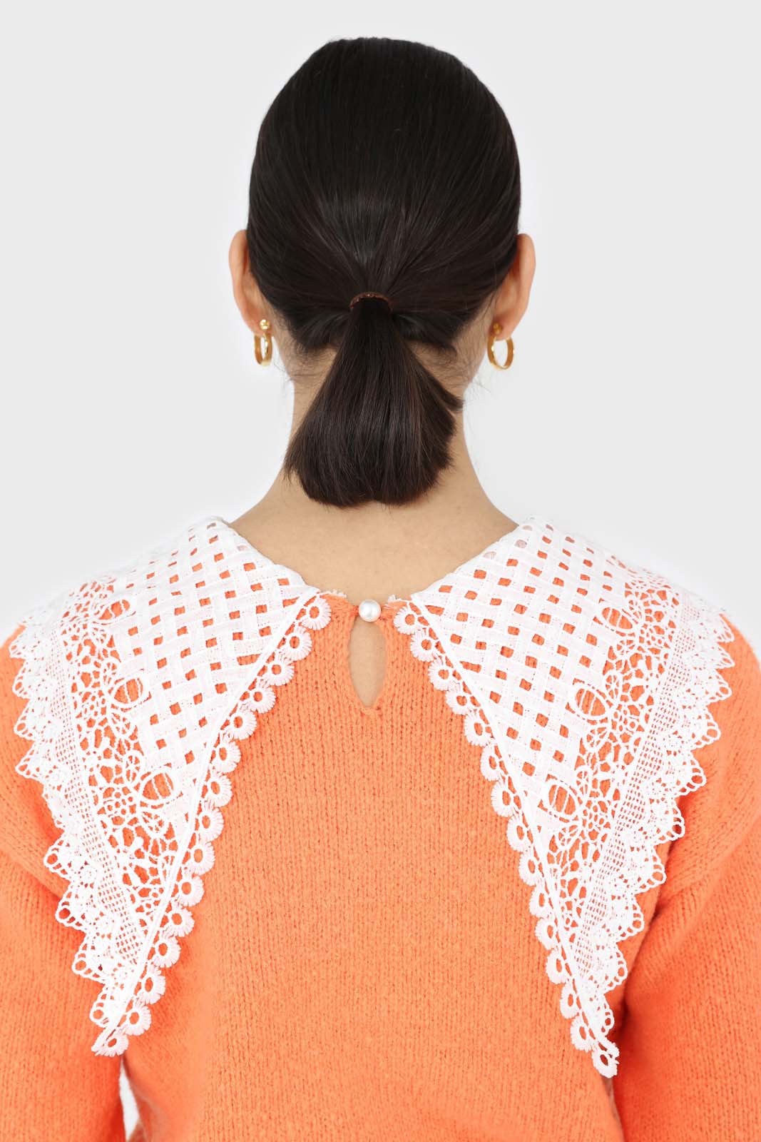 Orange large lace collar knit top
