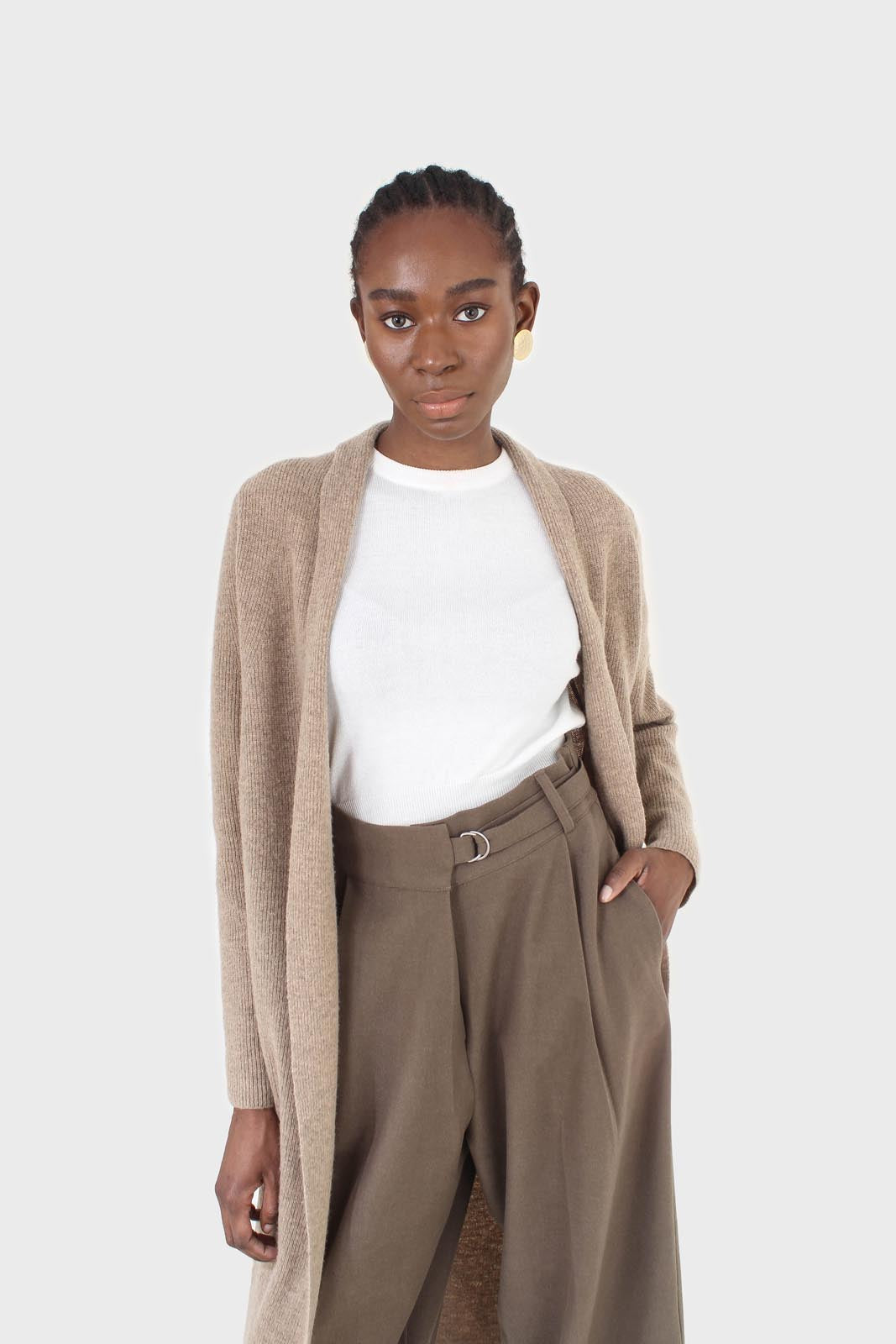 Brown tucked wrap belted loose fit trousers