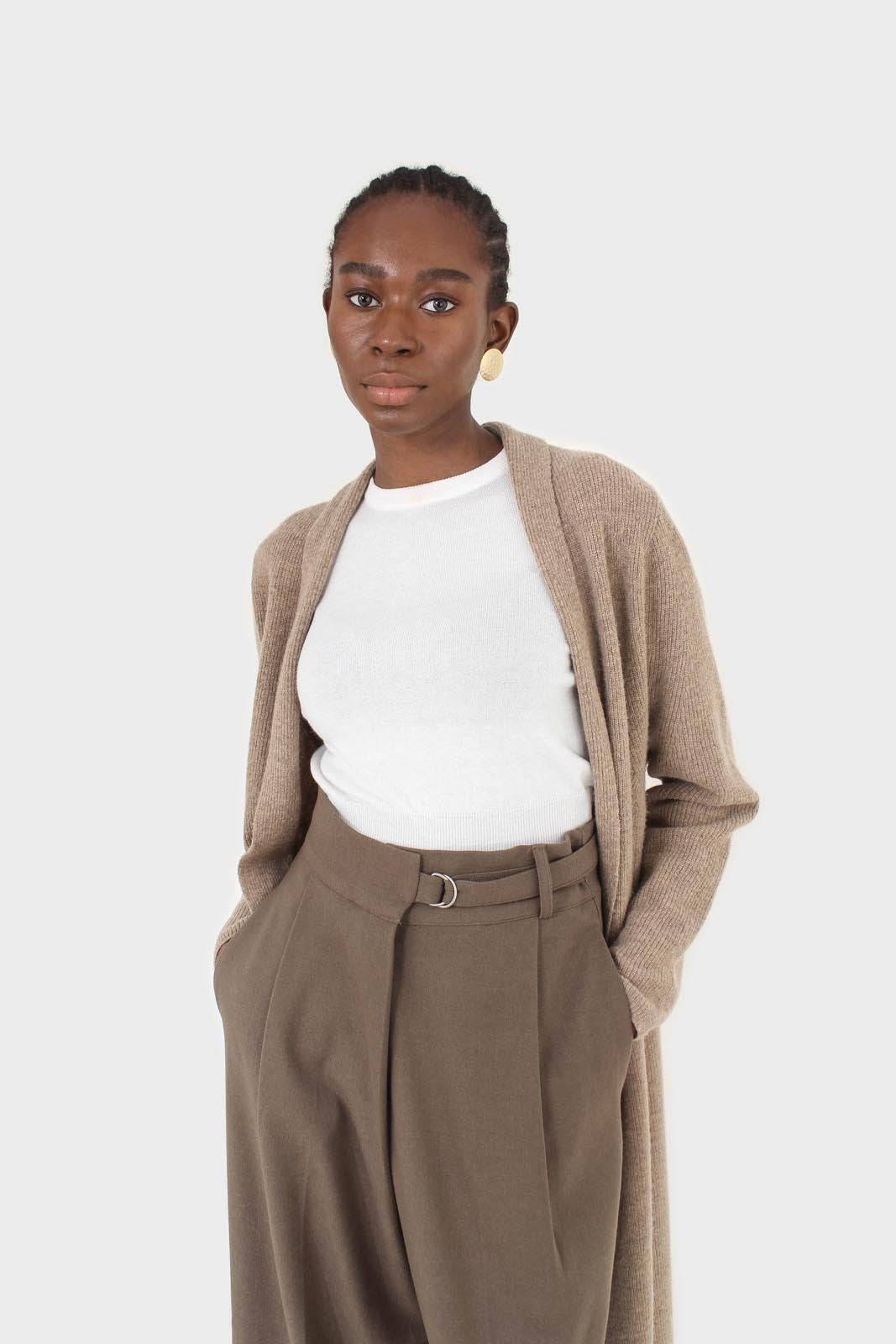 Brown tucked wrap belted loose fit trousers