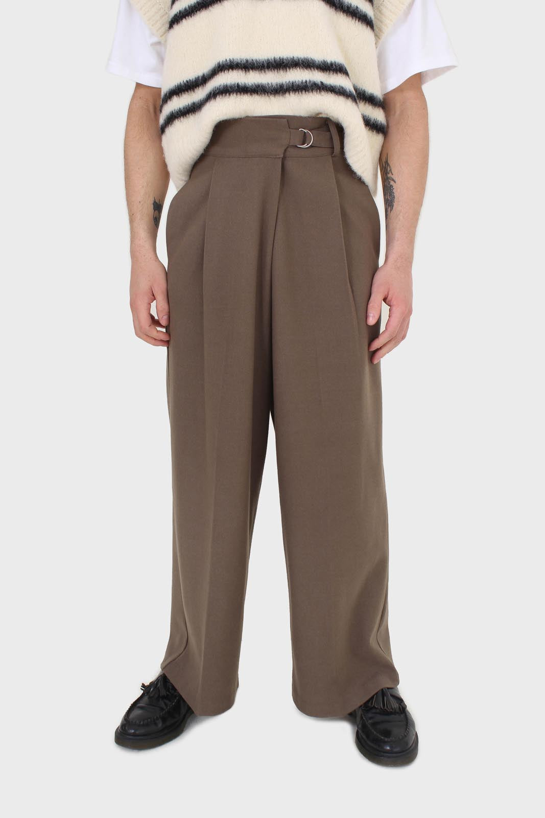 Brown tucked wrap belted loose fit trousers