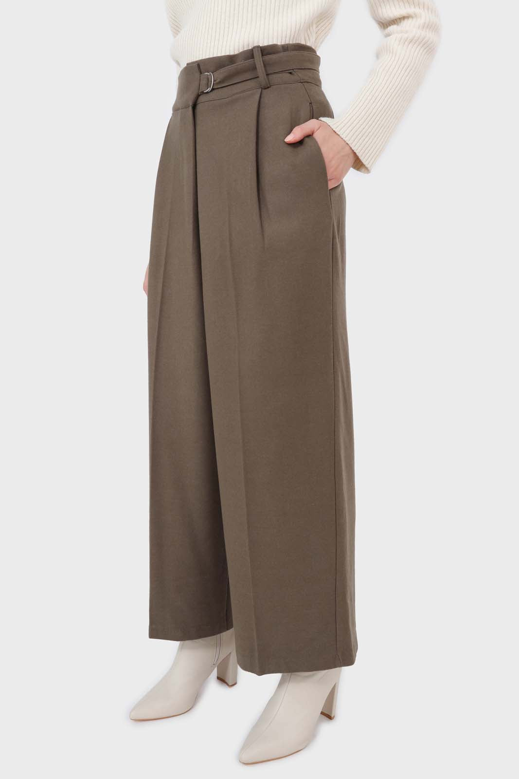 Brown tucked wrap belted loose fit trousers