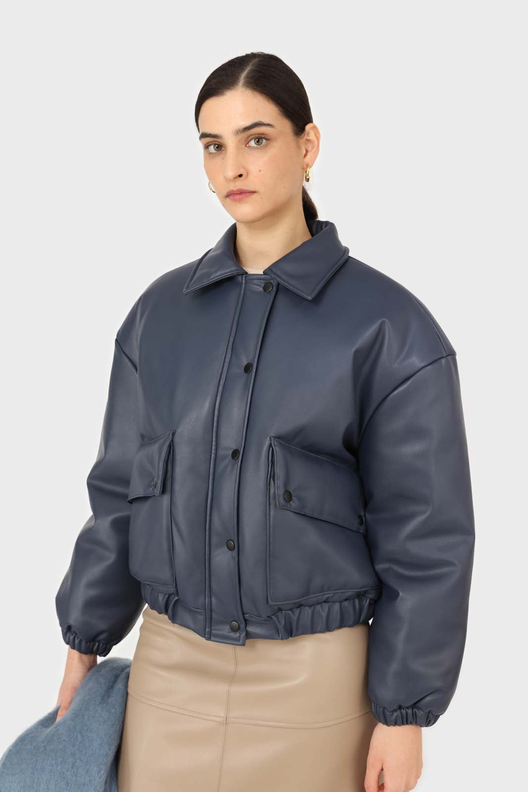 Navy vegan leather blouson jacket