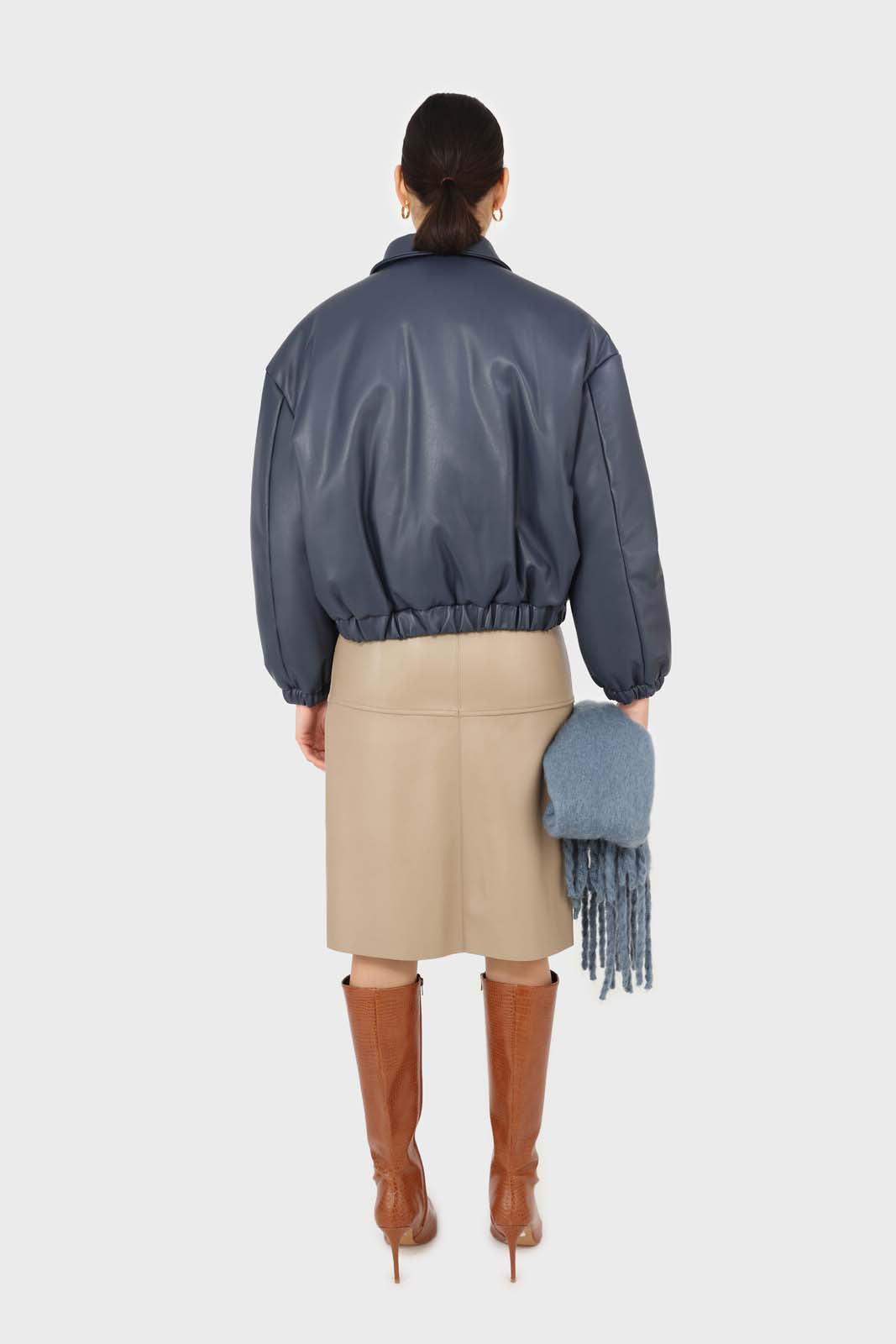 Navy vegan leather blouson jacket