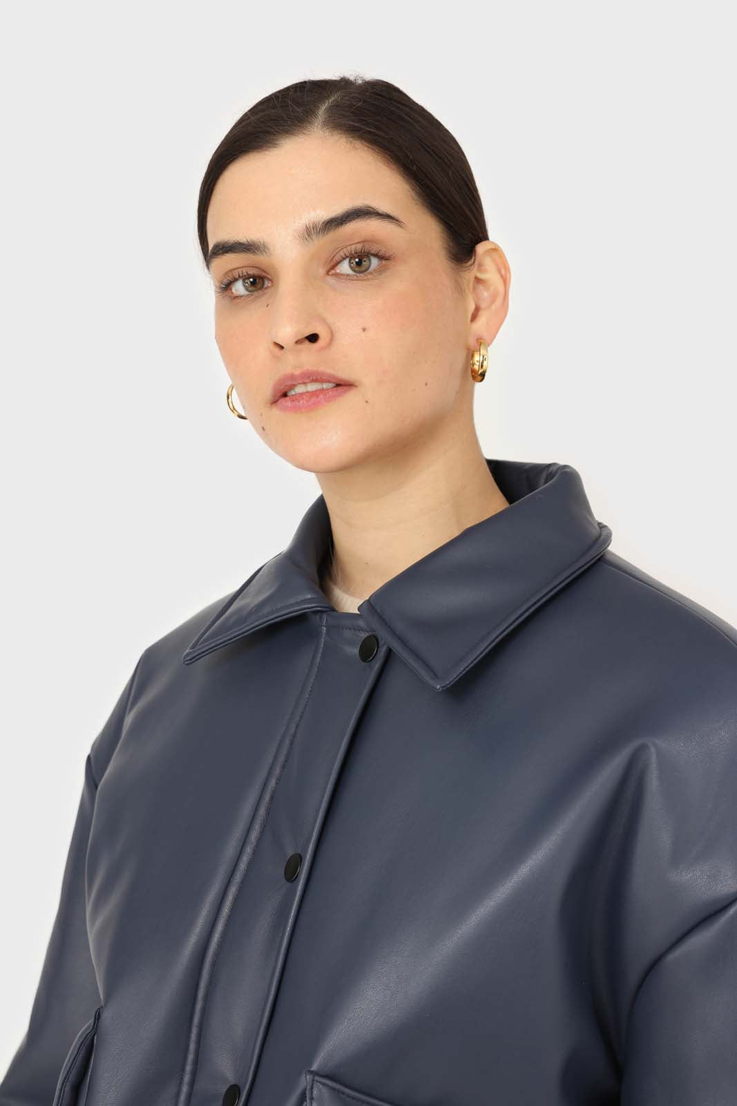 Navy vegan leather blouson jacket