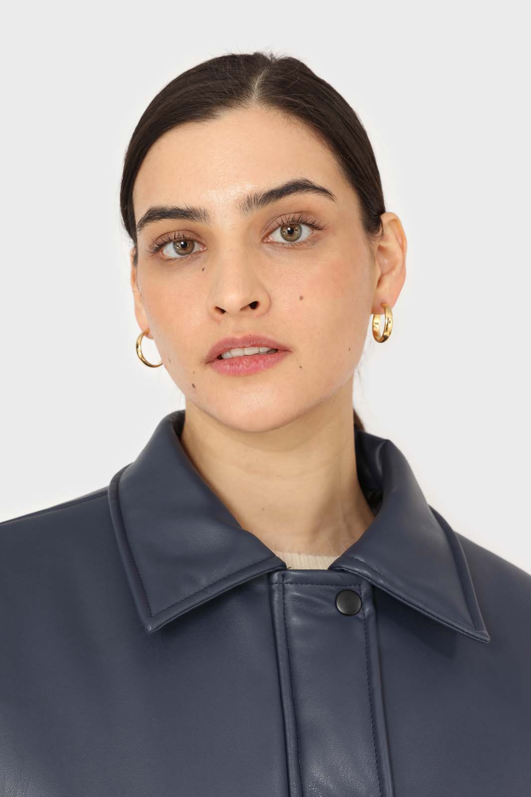 Navy vegan leather blouson jacket