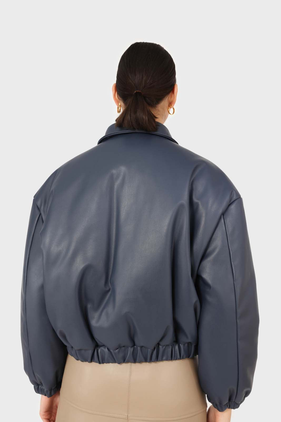 Navy vegan leather blouson jacket