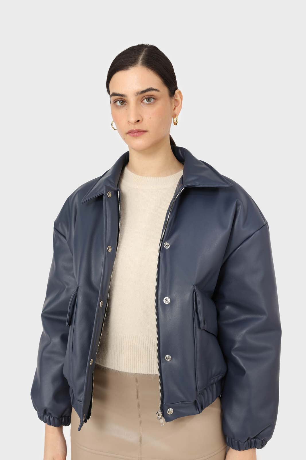 Navy vegan leather blouson jacket