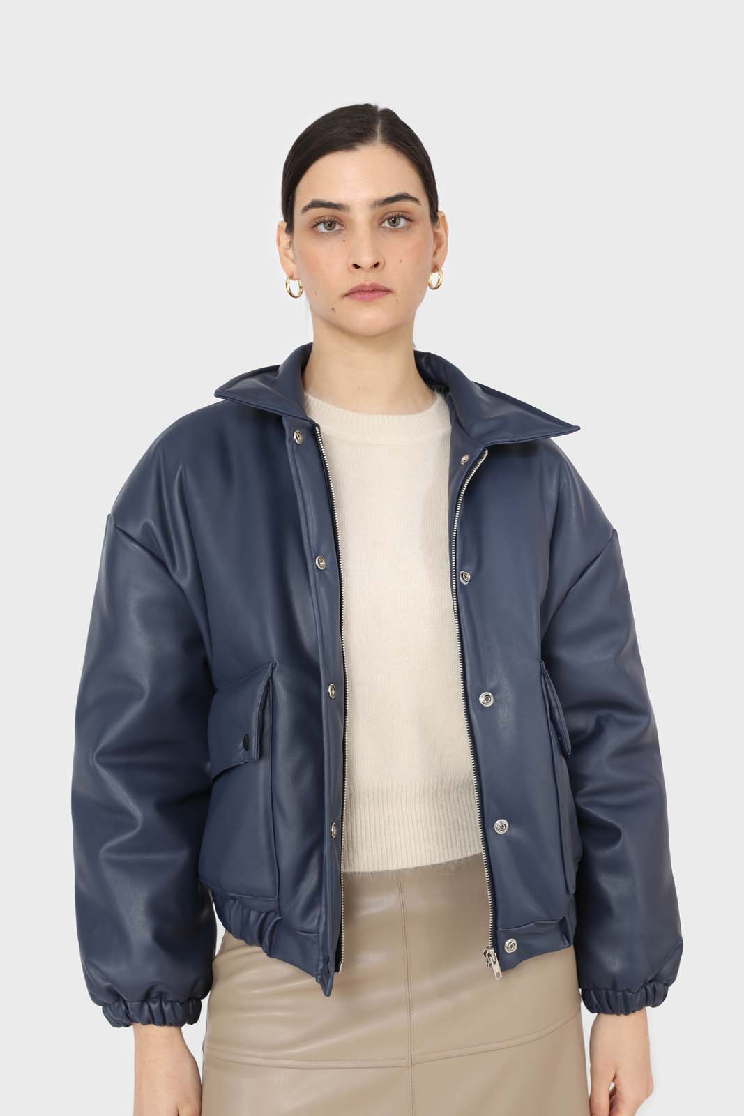 Navy vegan leather blouson jacket