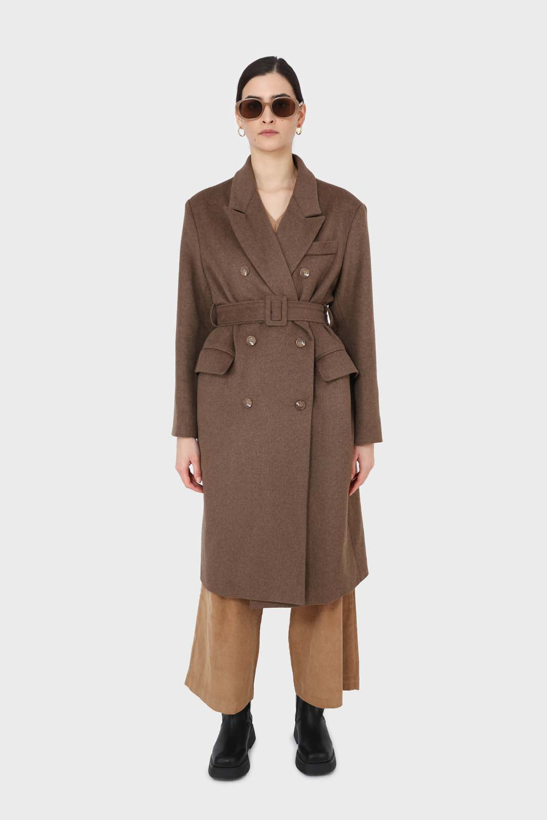 Brown double breasted wool blend coat