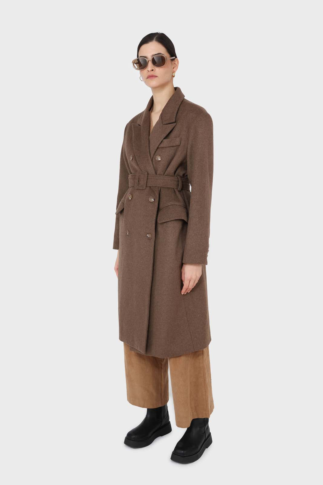 Brown double breasted wool blend coat