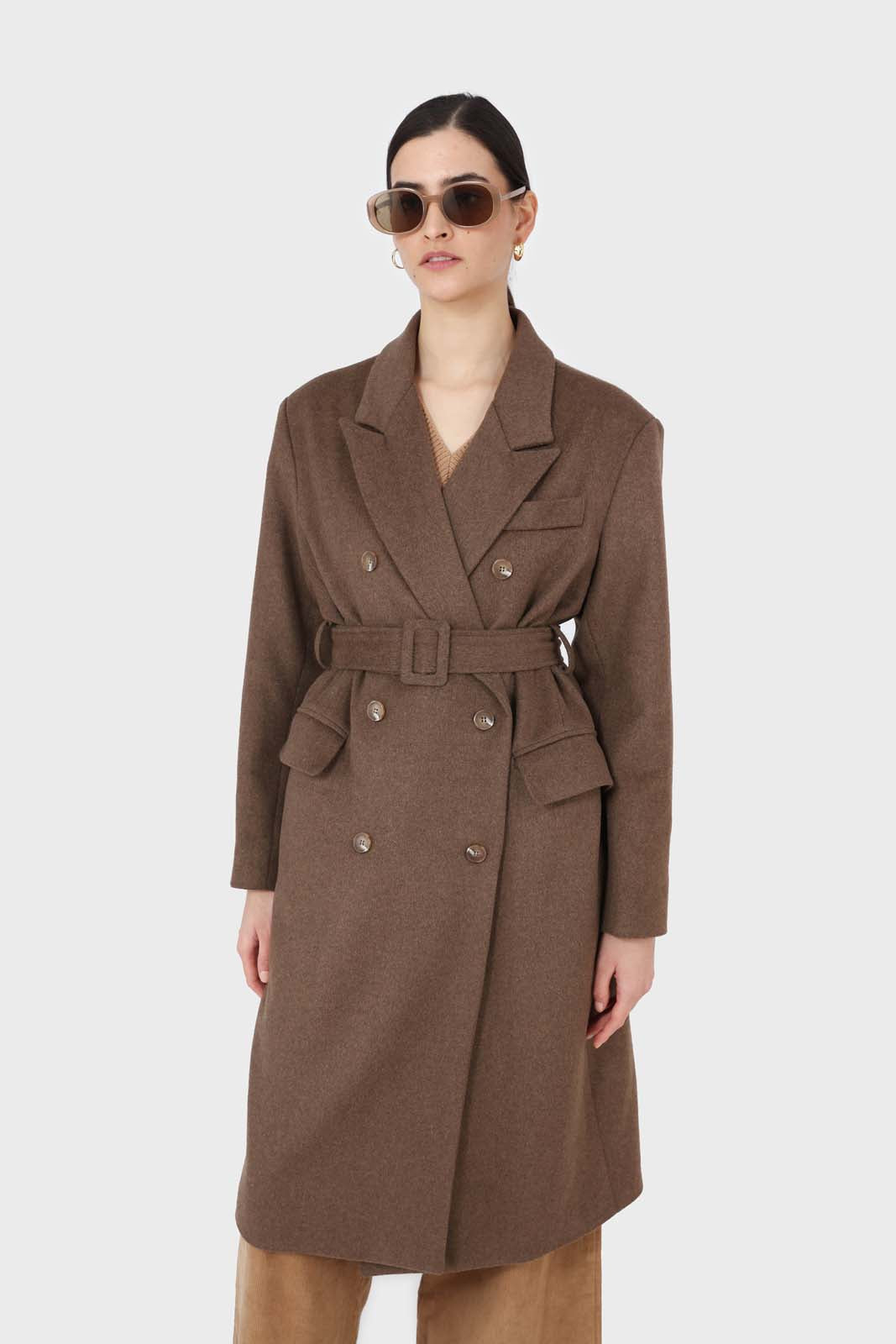 Brown double breasted wool blend coat