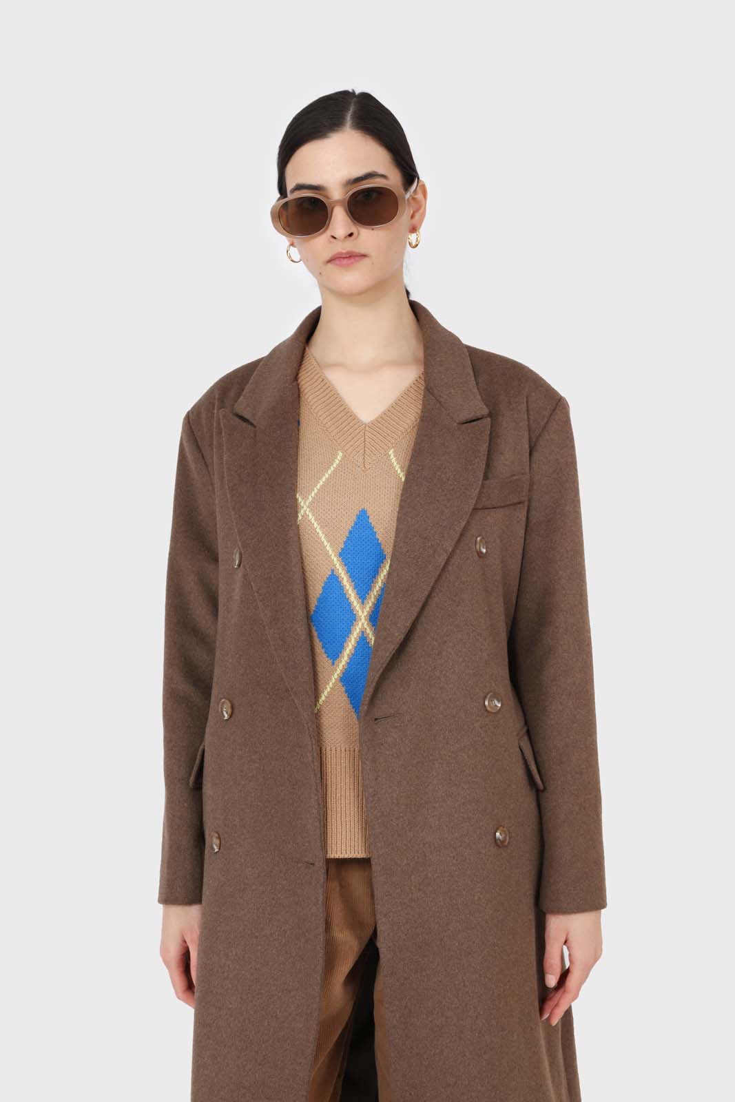 Brown double breasted wool blend coat
