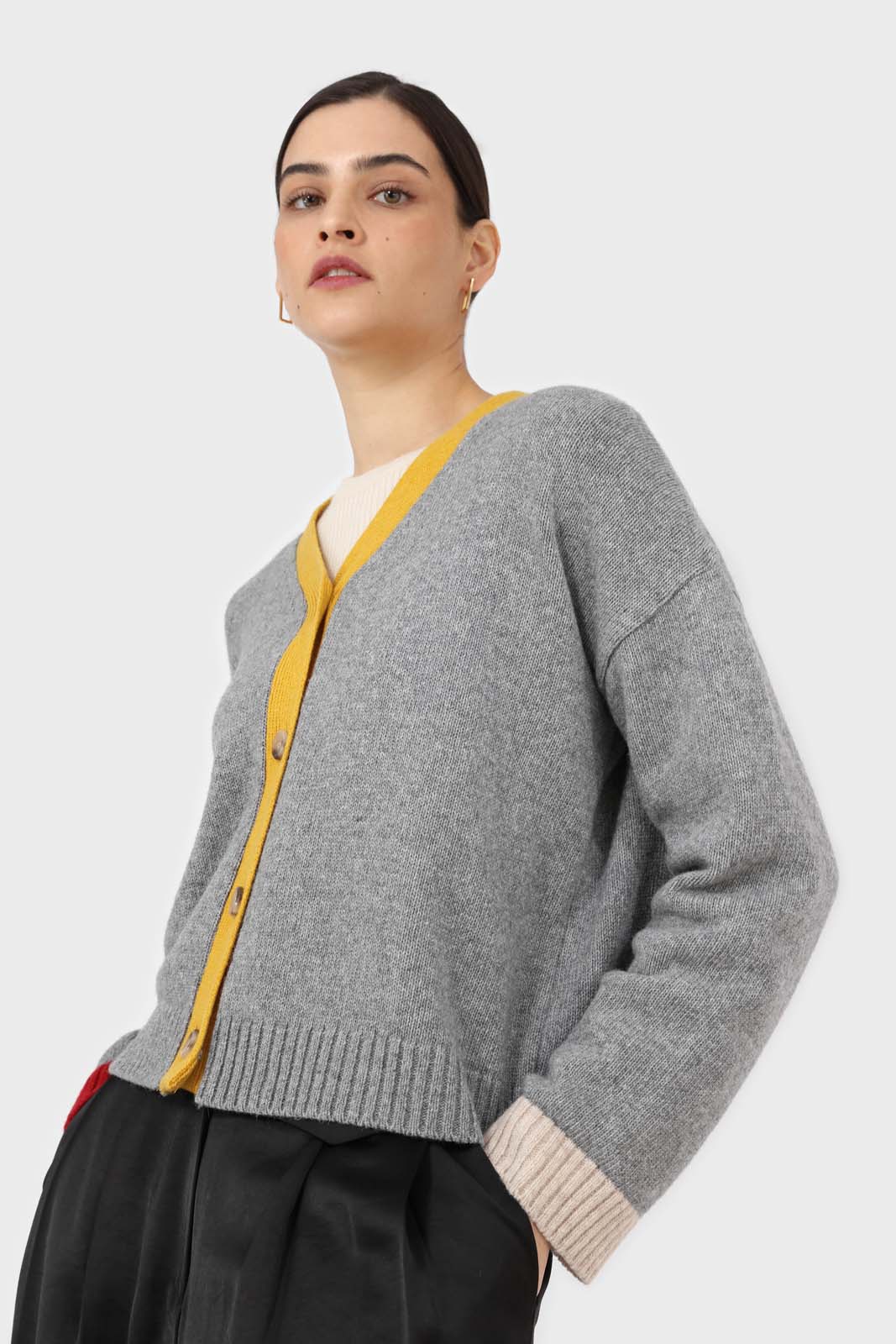 Grey and yellow contrast trim cardigan