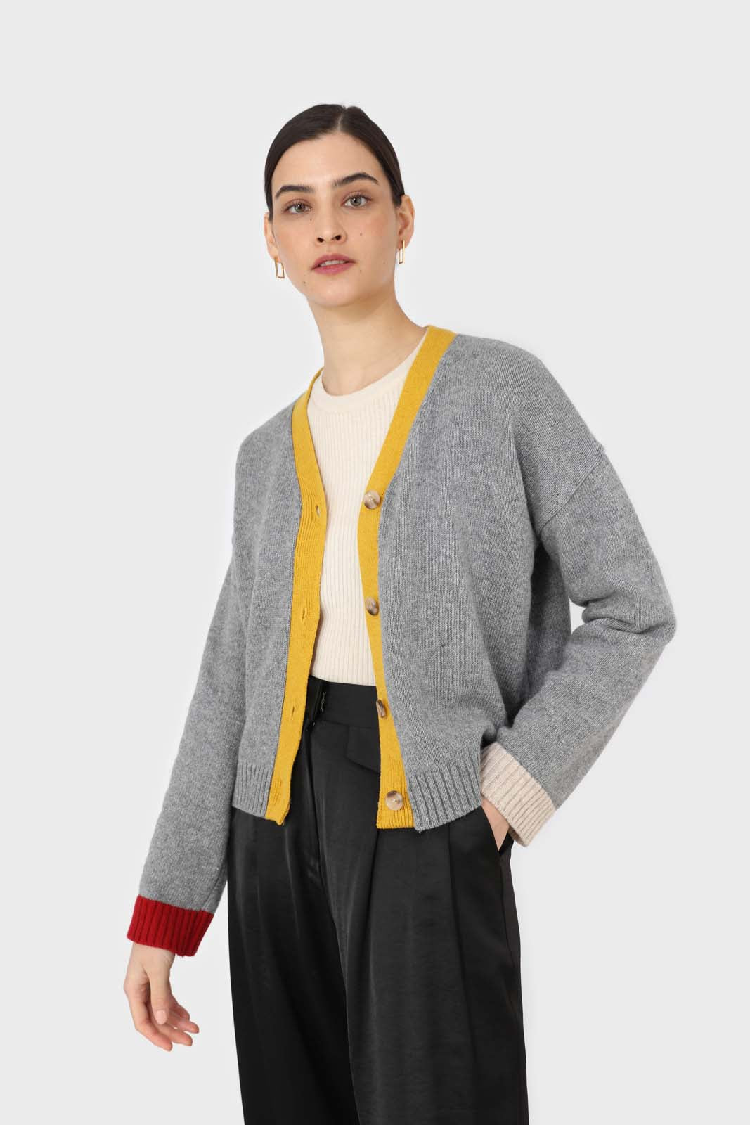 Grey and yellow contrast trim cardigan