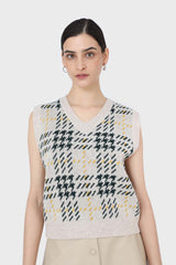 Beige and khaki checked knit vest