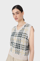 Beige and khaki checked knit vest