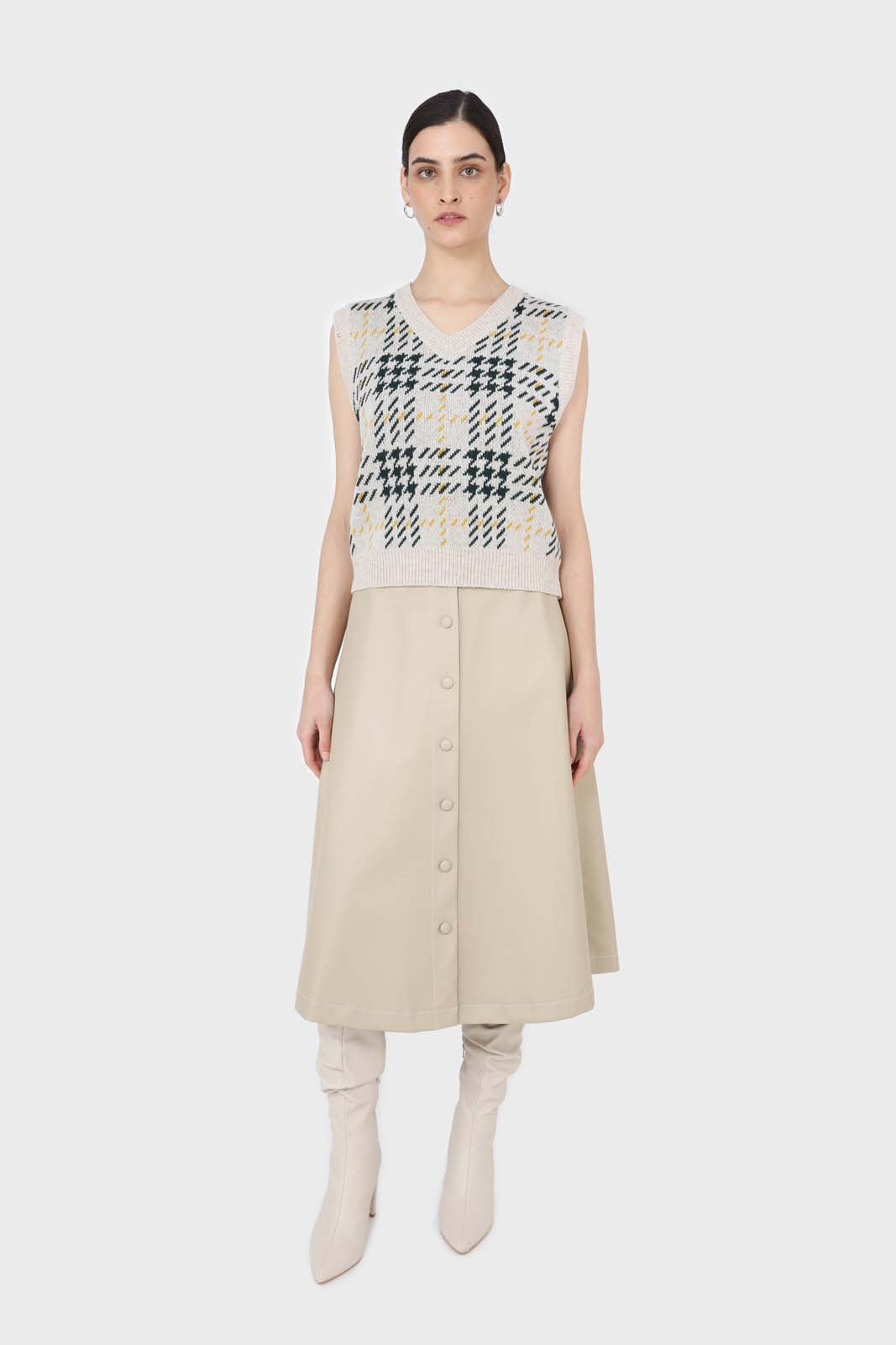 Beige and khaki checked knit vest