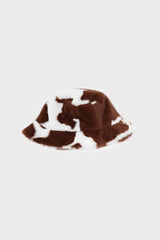 White and brown cow print faux fur bucket hat
