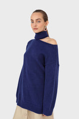 Cobalt blue slit neck turtleneck jumper