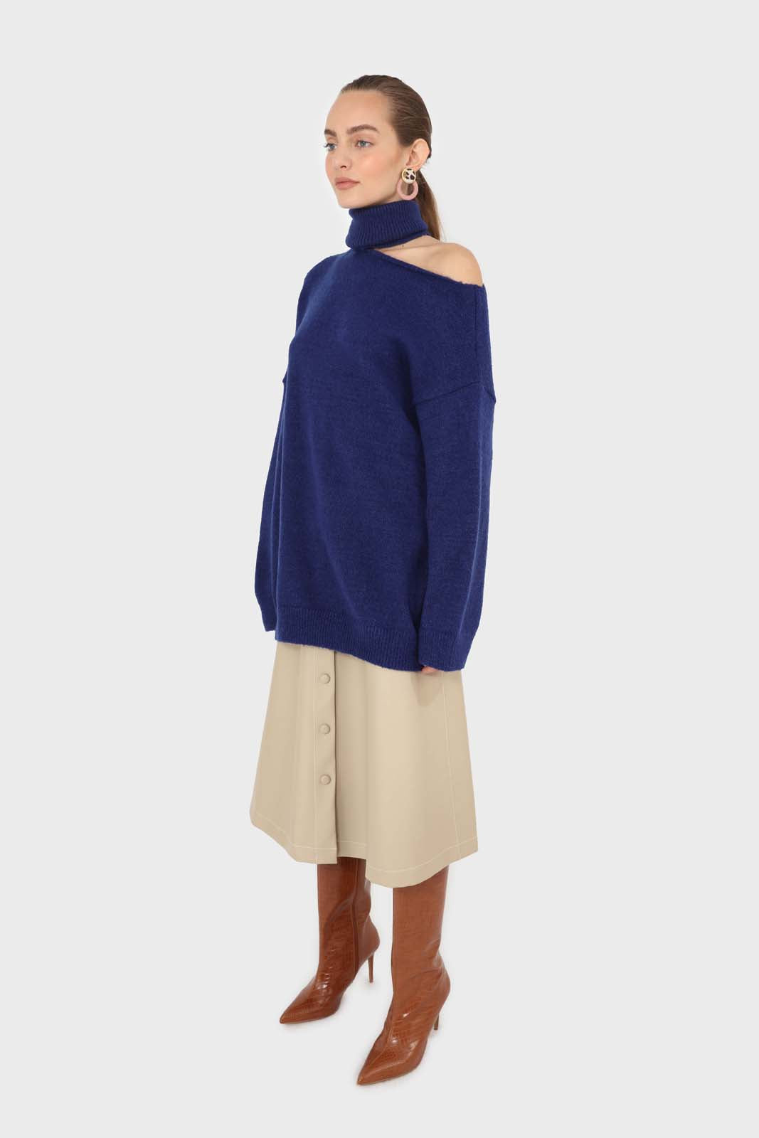 Cobalt blue slit neck turtleneck jumper