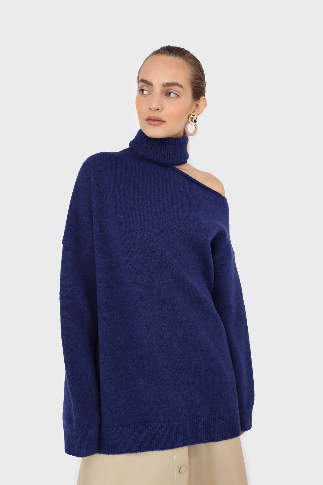 Cobalt blue slit neck turtleneck jumper