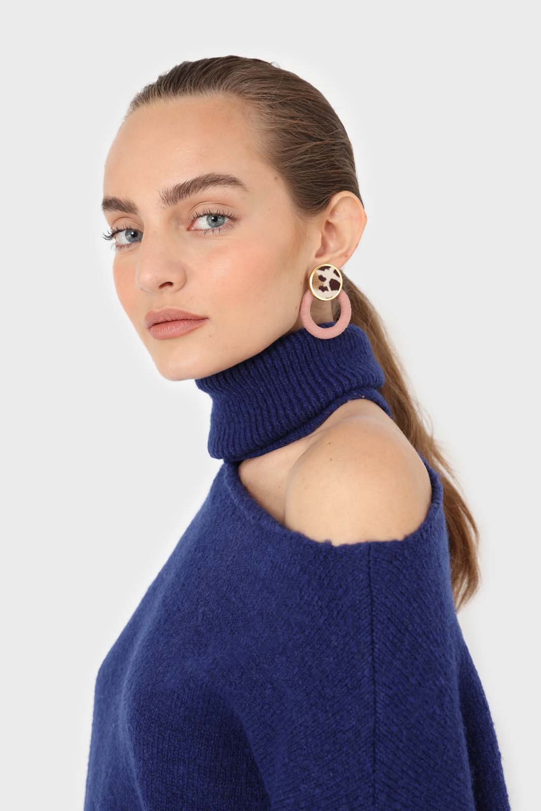 Cobalt blue slit neck turtleneck jumper