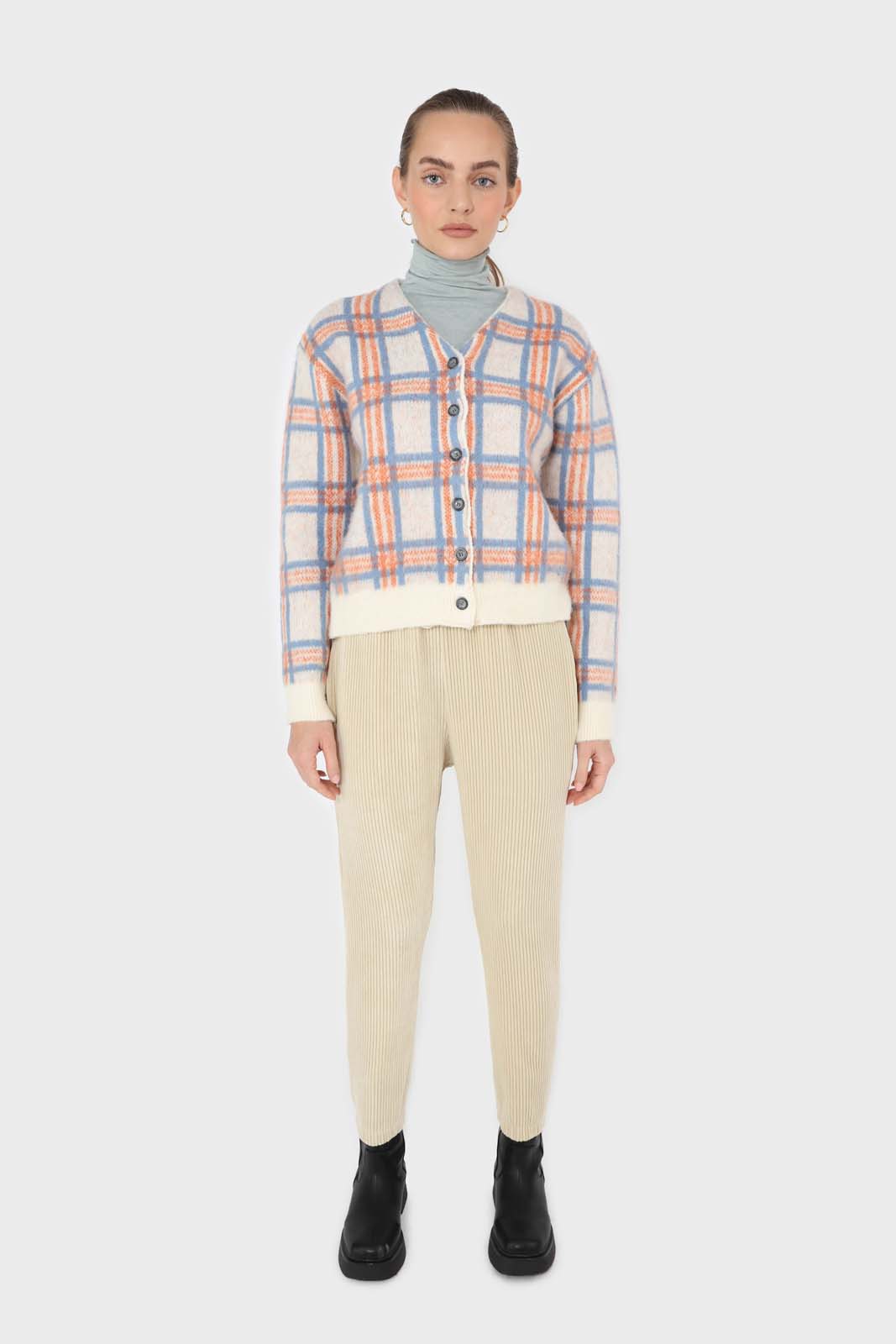 Ivory and orange multi check brushed cardigan