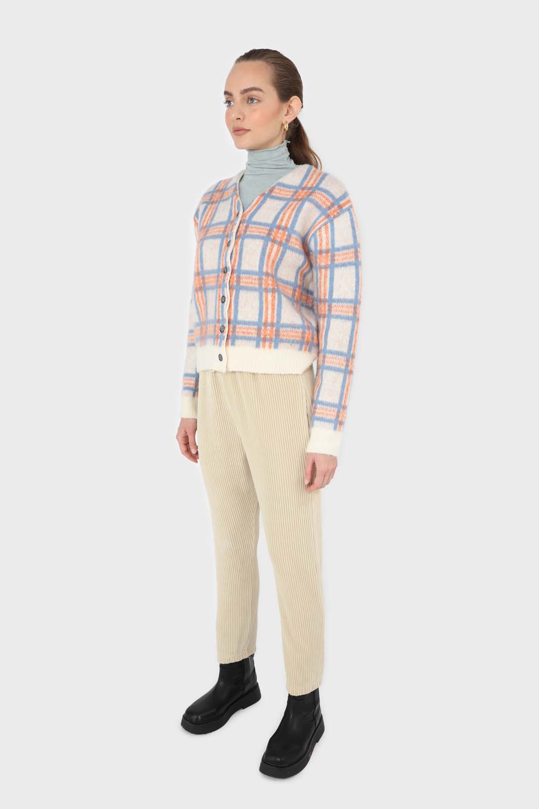 Ivory and orange multi check brushed cardigan