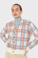 Ivory and orange multi check brushed cardigan